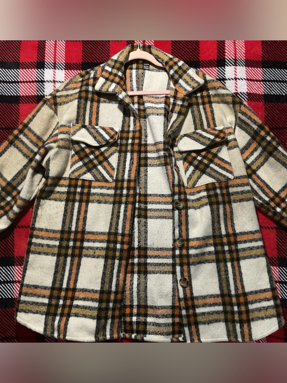 SHEIN Cream Plaid Shacket with Orange and Black Stripes Overcoat